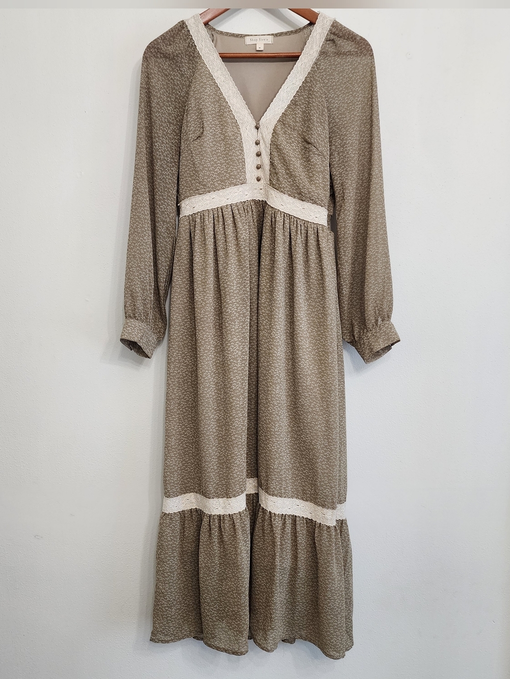 Shop Stevie Medium Taupe Floral Lace Trim Tiered Maxi Dress - Picture 2 of 12